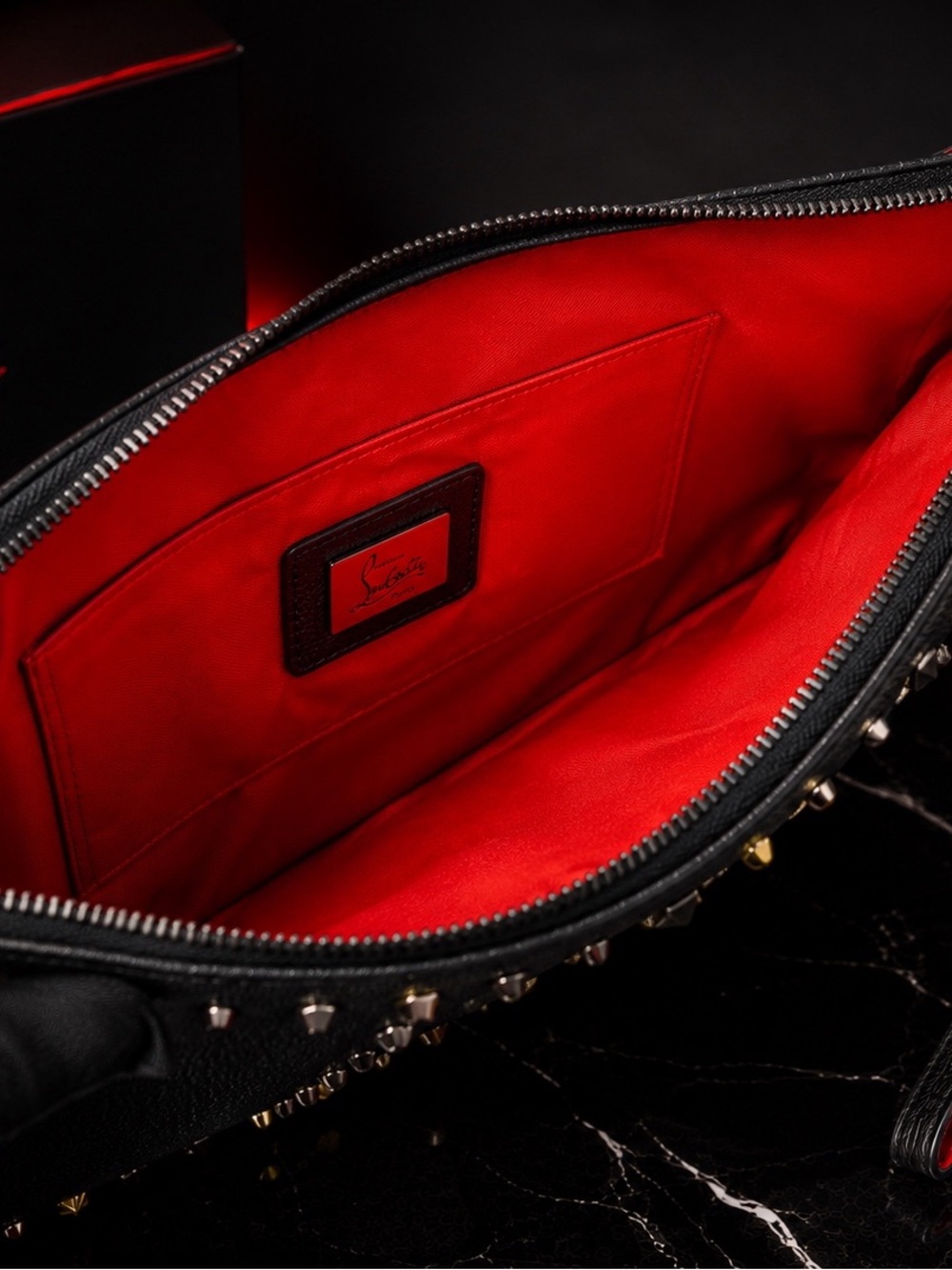 Christian Louboutin Black Studded Leather Wristlet Clutch Chain Pouch Black Red - Picture 5 of 9